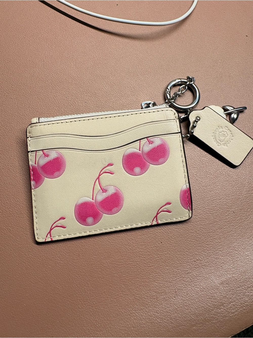 Coach Cherry Print Card Case Keyring - Cream with Pink Cherries